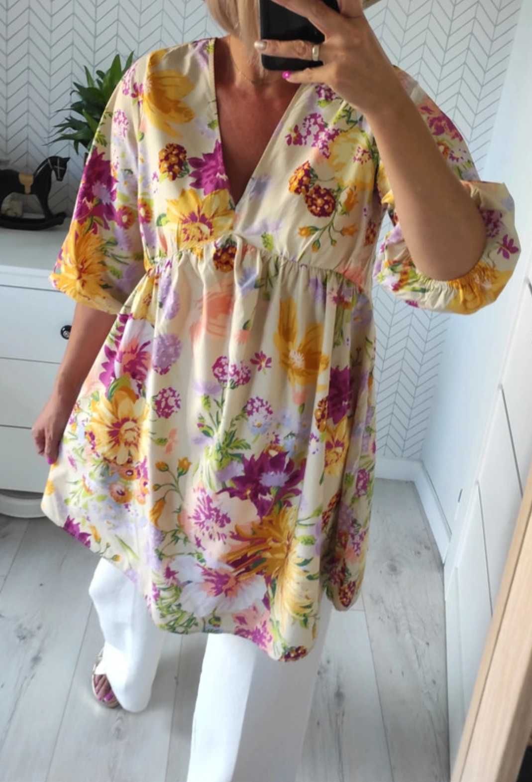H&M sliczna bawelniana kolorowa tunika sukienka w kwiaty S