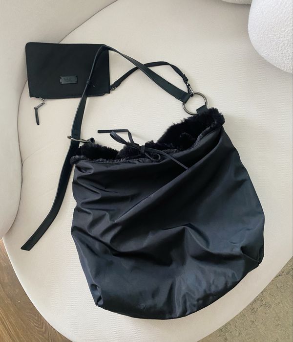 Zara czarna torba futrzana tote futro dwustronna shopper XXL
