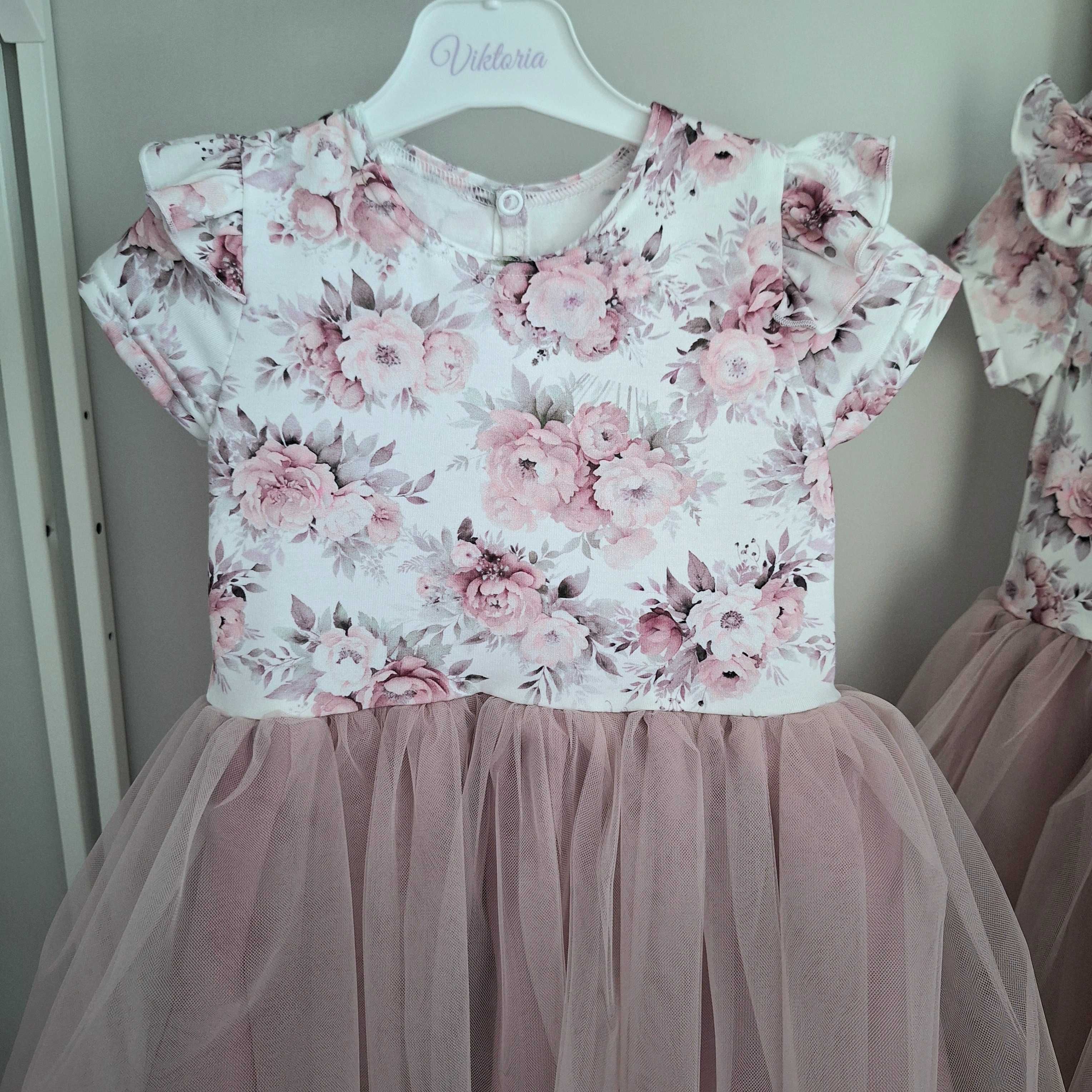 Sukienka tiulowa w kwiaty z dużą kokardą brudny wesele roczek róż/biel