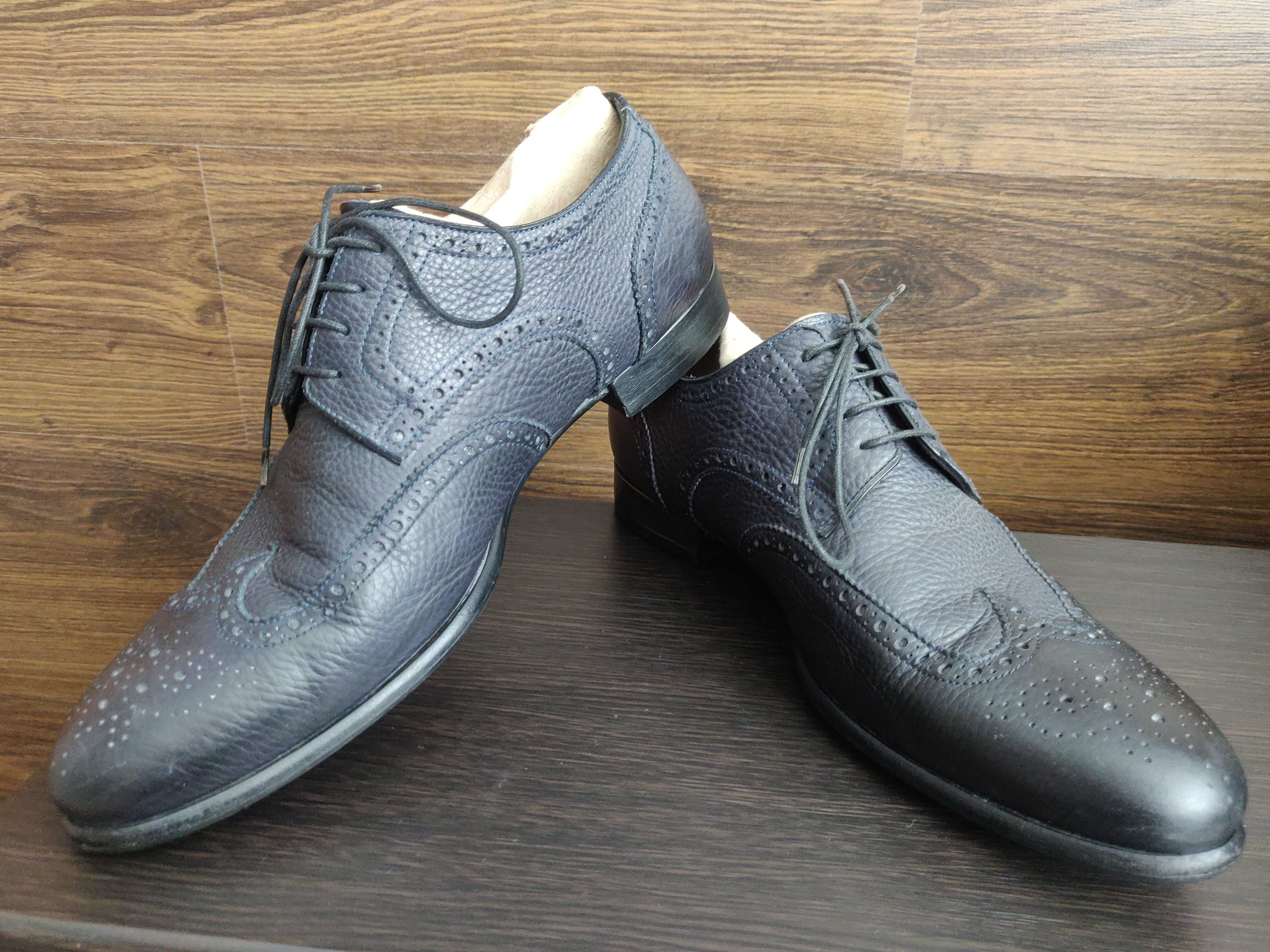 Туфли броги на меху Santoni (Italy) р. 40.5 /27 см. темно- синие