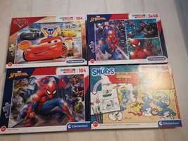 Zestaw 4 puzzle smurfy 2x  Spiderman cars stan b dobry