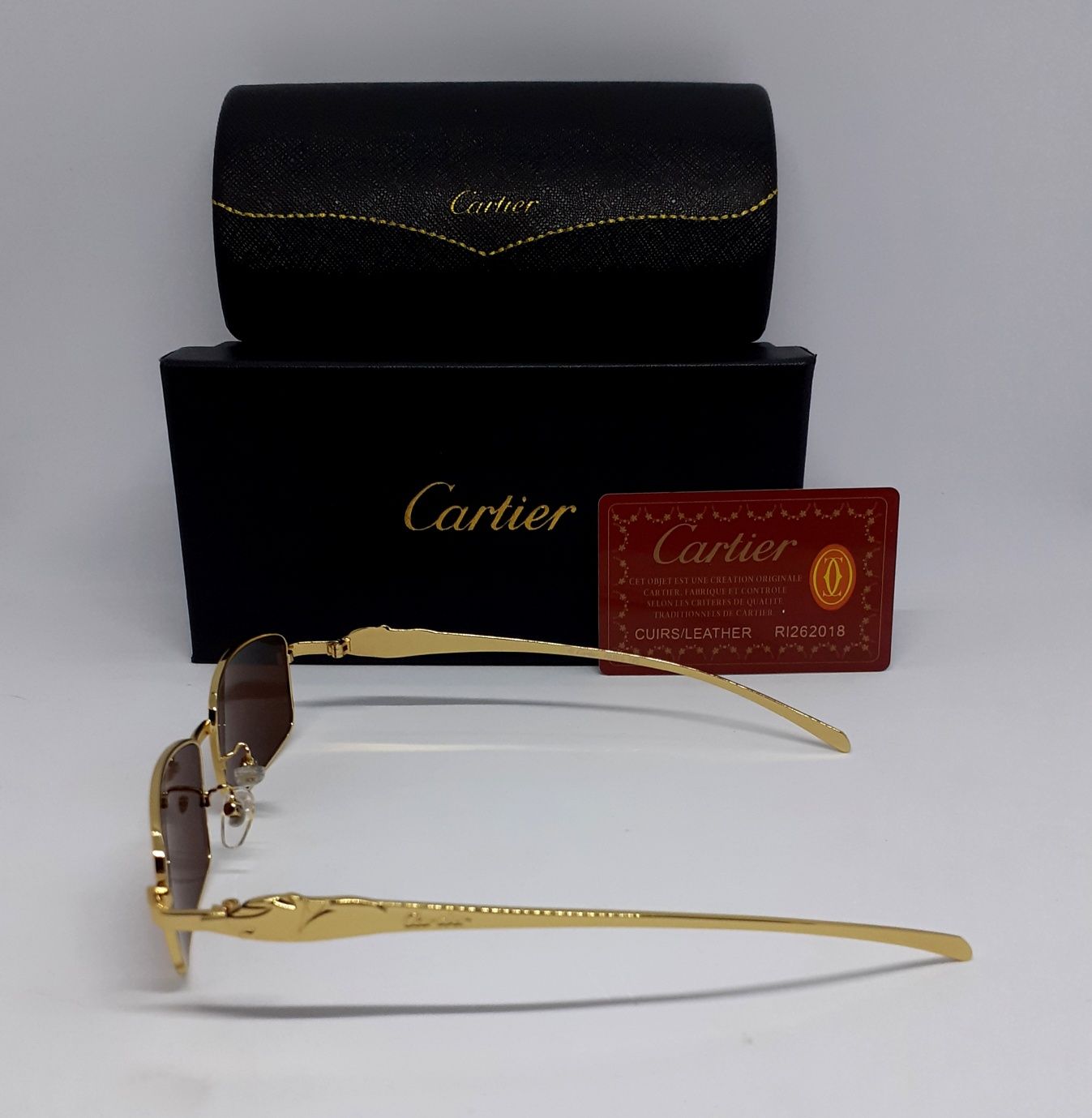 Cartier очки мужские модные узкие коричневые в золоте поляризированые