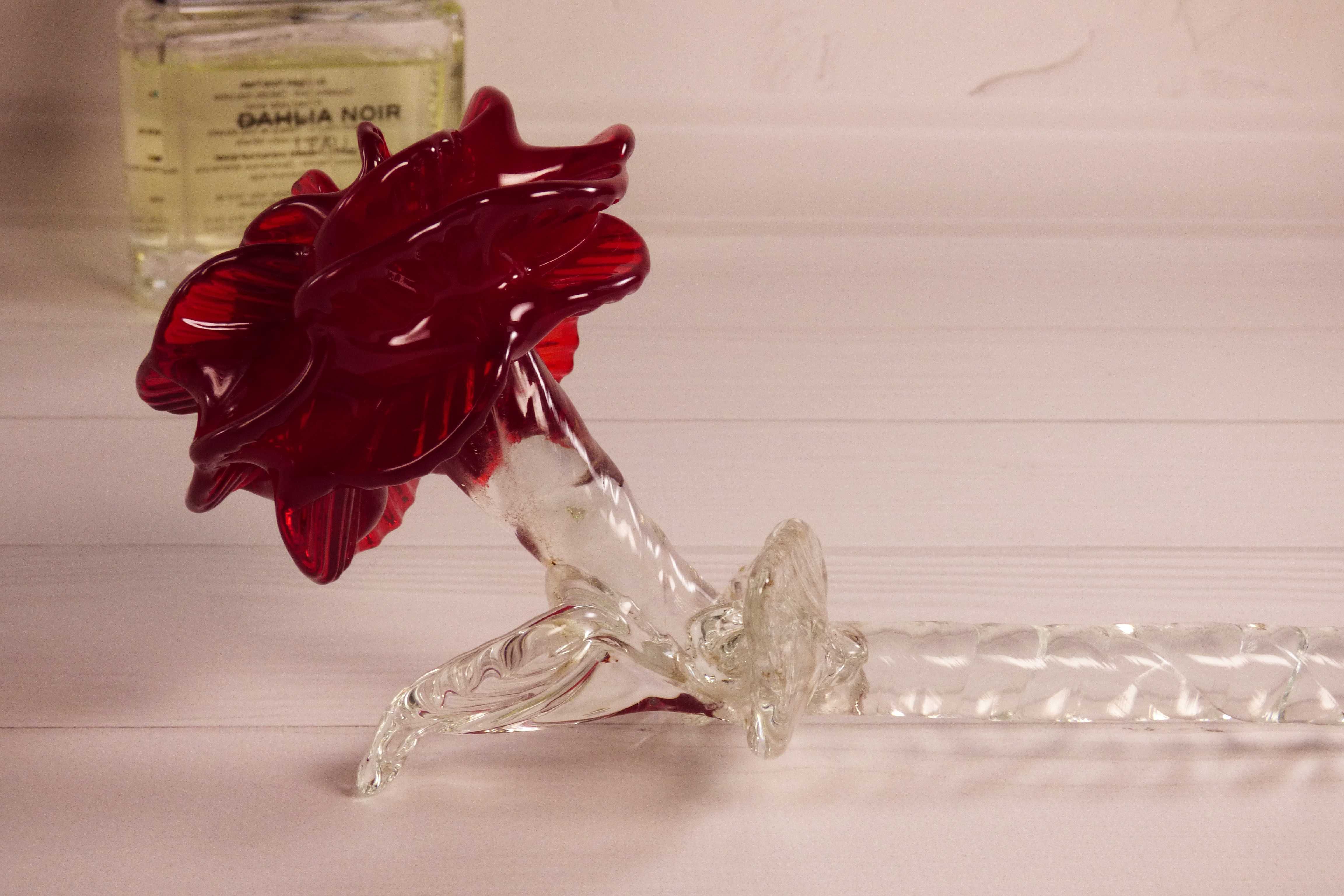 Хрустальная роза с красными лепестками СССР, стеклянный цветок