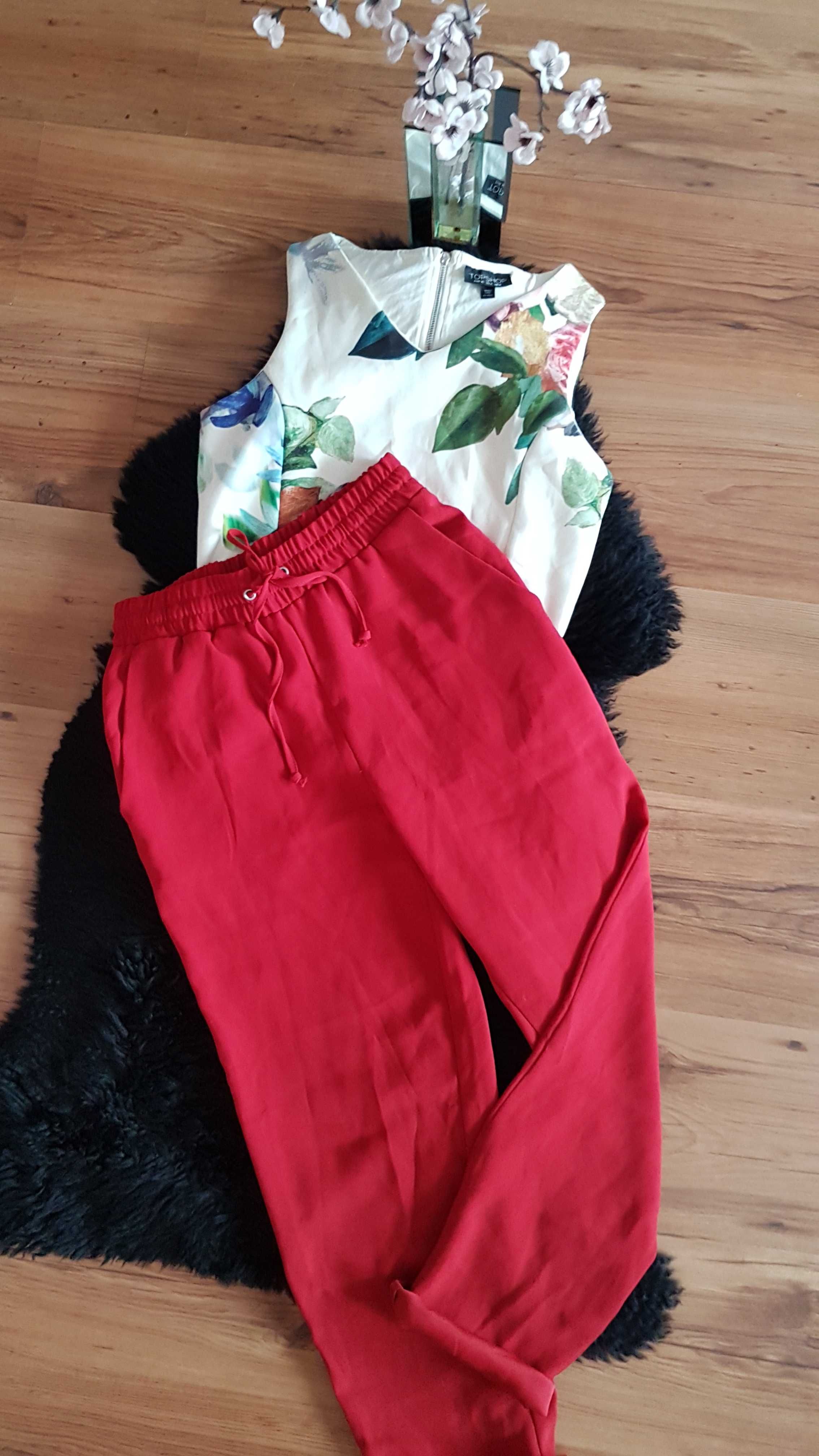 Cudny zestaw;) krótka bluzeczka kwiaty czerwone eleganckie spodnie XS