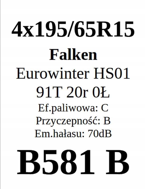 4x 195/65r15 Falken Eurowinter Hs01/2020r C/B/70dB 8mm Jak Nowe