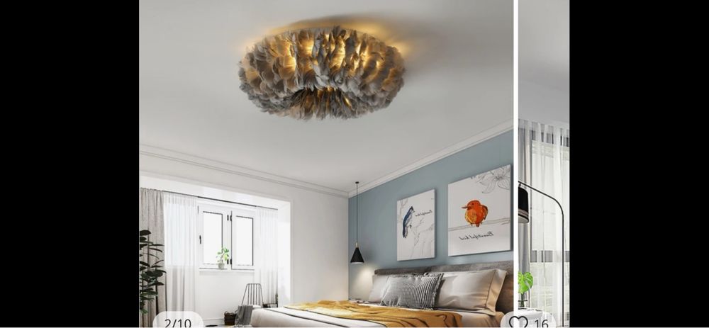 Piękny duży żyrandol szare pióra skandynawski okrągły