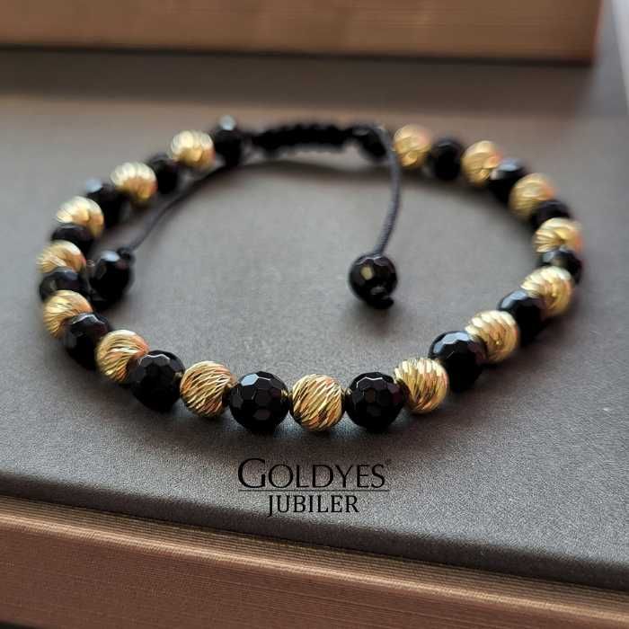 złota bransoletka na czarnym sznurku próba złota 585 ZŁOTE KULKI