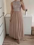 Sukienka maxi tiulowa 36 S lace beads asos cekiny beż róż  wesele