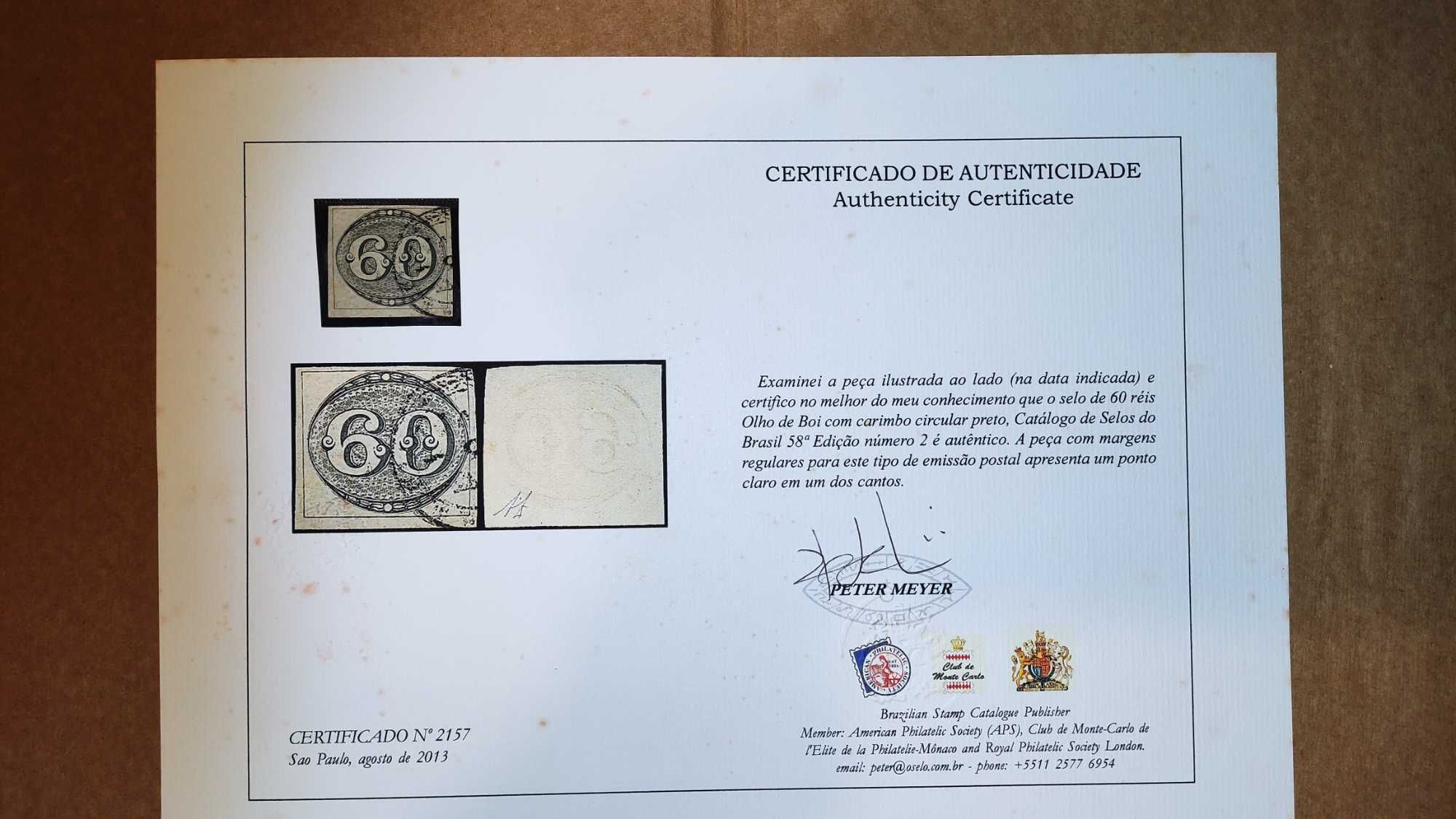 Selo Olho de Boi "60 réis" de 1843 - com certificado de autenticidade