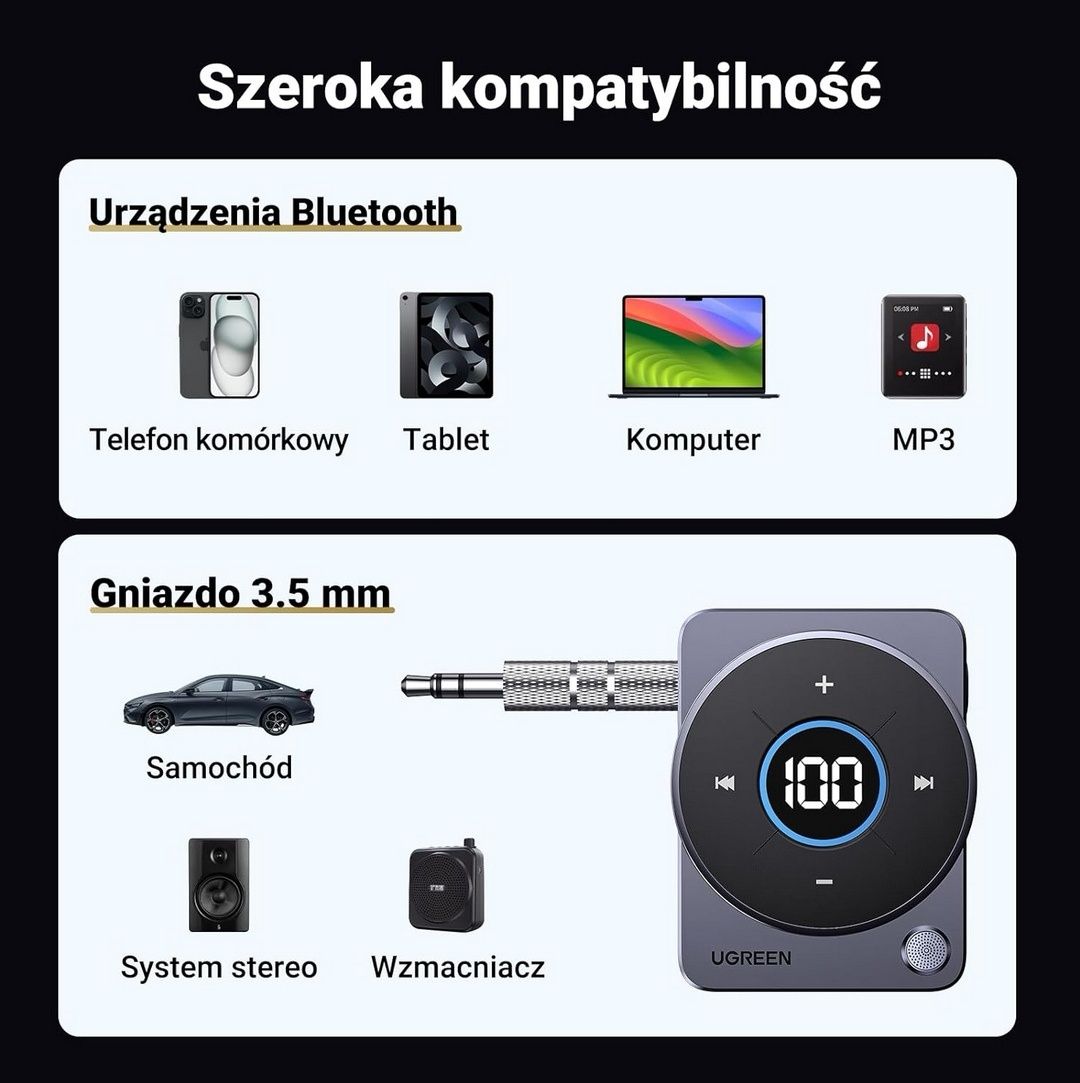 UGREEN Adapter Aux Bluetooth jack 3,5 mm, zestaw głośnomówiący CM724