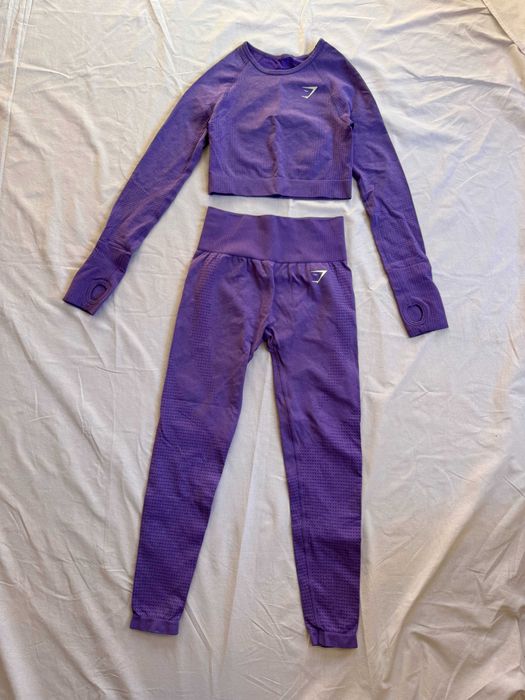 Fioletowy komplet sportowy Gymshark seamless legginsy i crop top xs 34