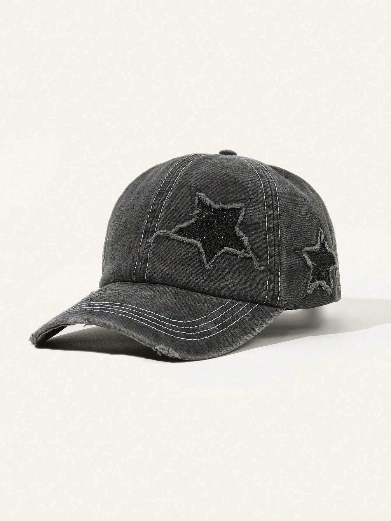 Nowa modna czarna czapka z daszkiem z gwiazdkami z przetarciami y2k