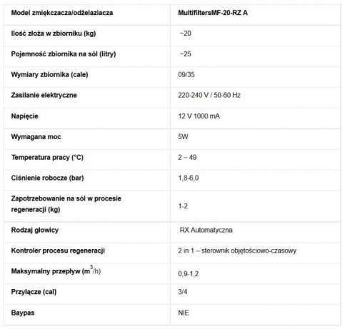 Automatyczny Zmiękczacz do wody MF20 RZ