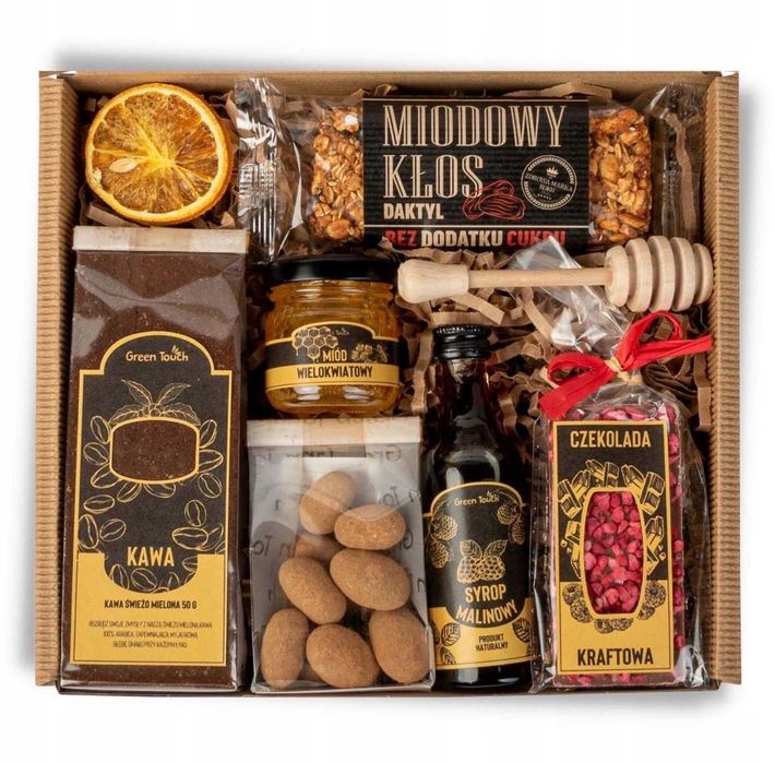 Zestaw Prezentowy Box Kawa Miód Syrop Czekolada Baton Migdały Kraft