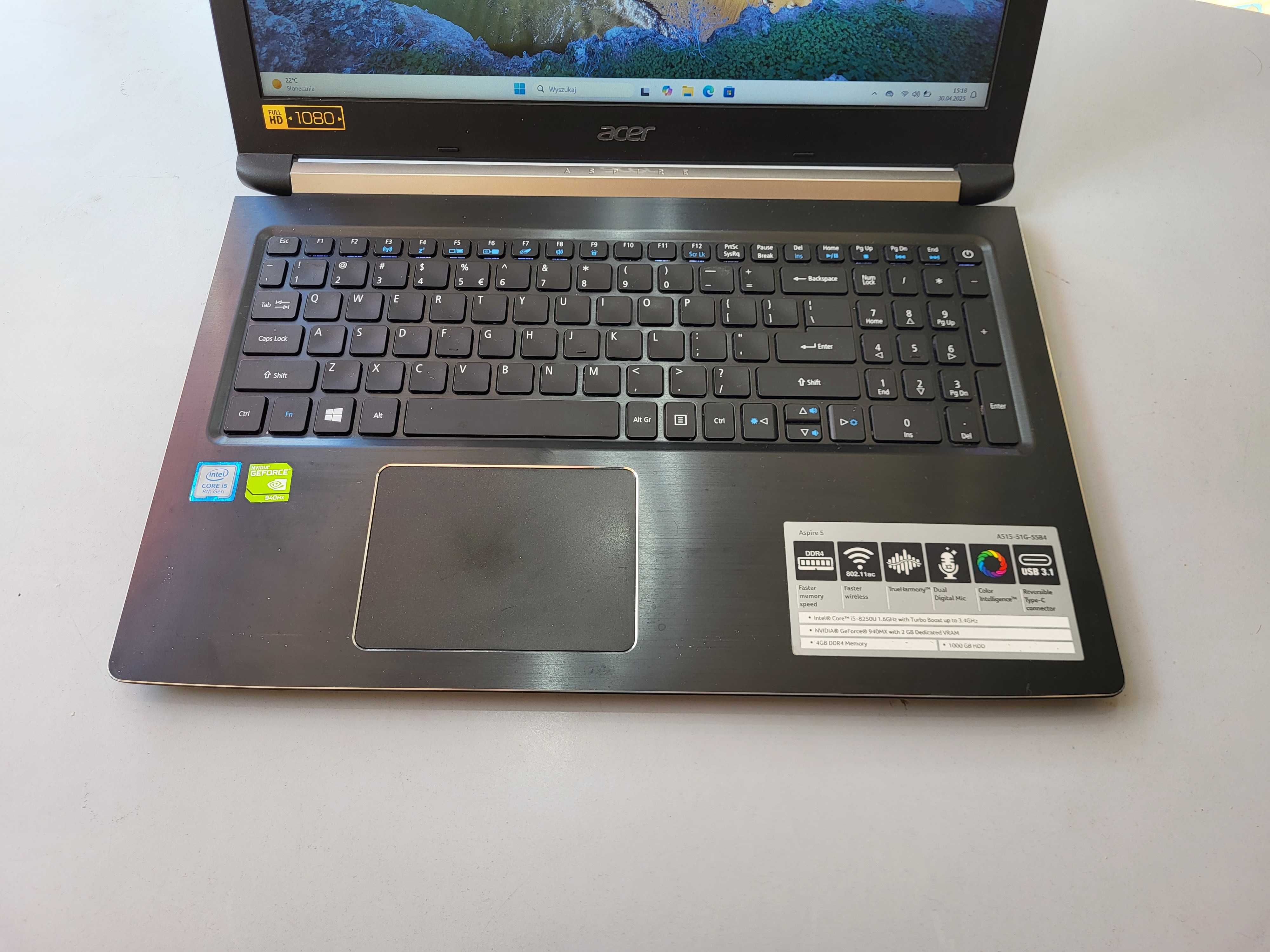 Ładny solidny Laptop Acer A515 i5-8250u 12GB 256GB Nvidia 2Gb Win11