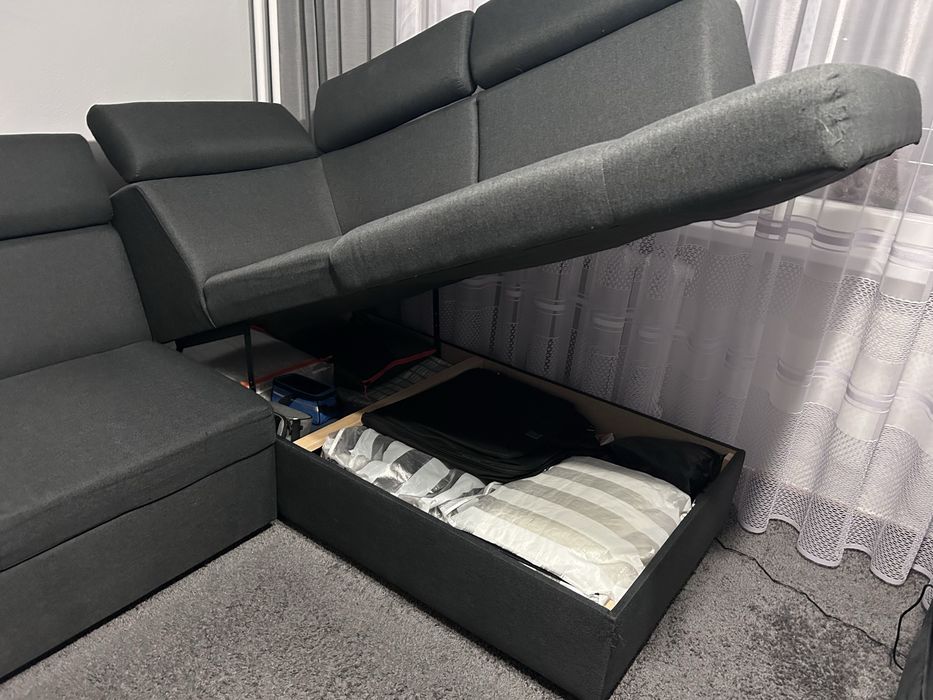 Jysk narożnik SAHL ciemnoszary z funkcja spania ze skrzynką + kanapa