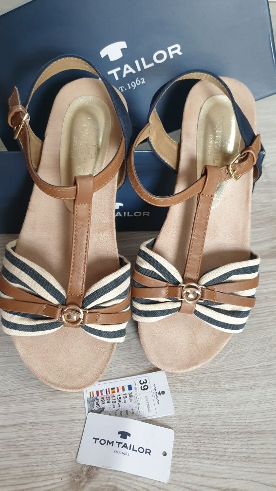 Buty sandały damskie skórzane oryginalne Tom Tailor roz 39 beż granat