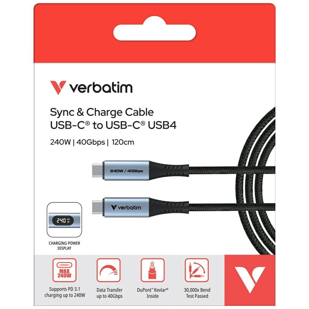 Kabel Verbatim Sync & Charge USB-C do    USB-C 40Gb/s 240W wyświetlacz