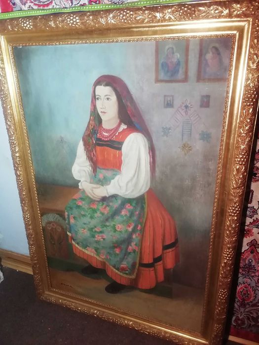 Obraz kobieta w stroju ludowym sygn. R. Lizut płótno olej