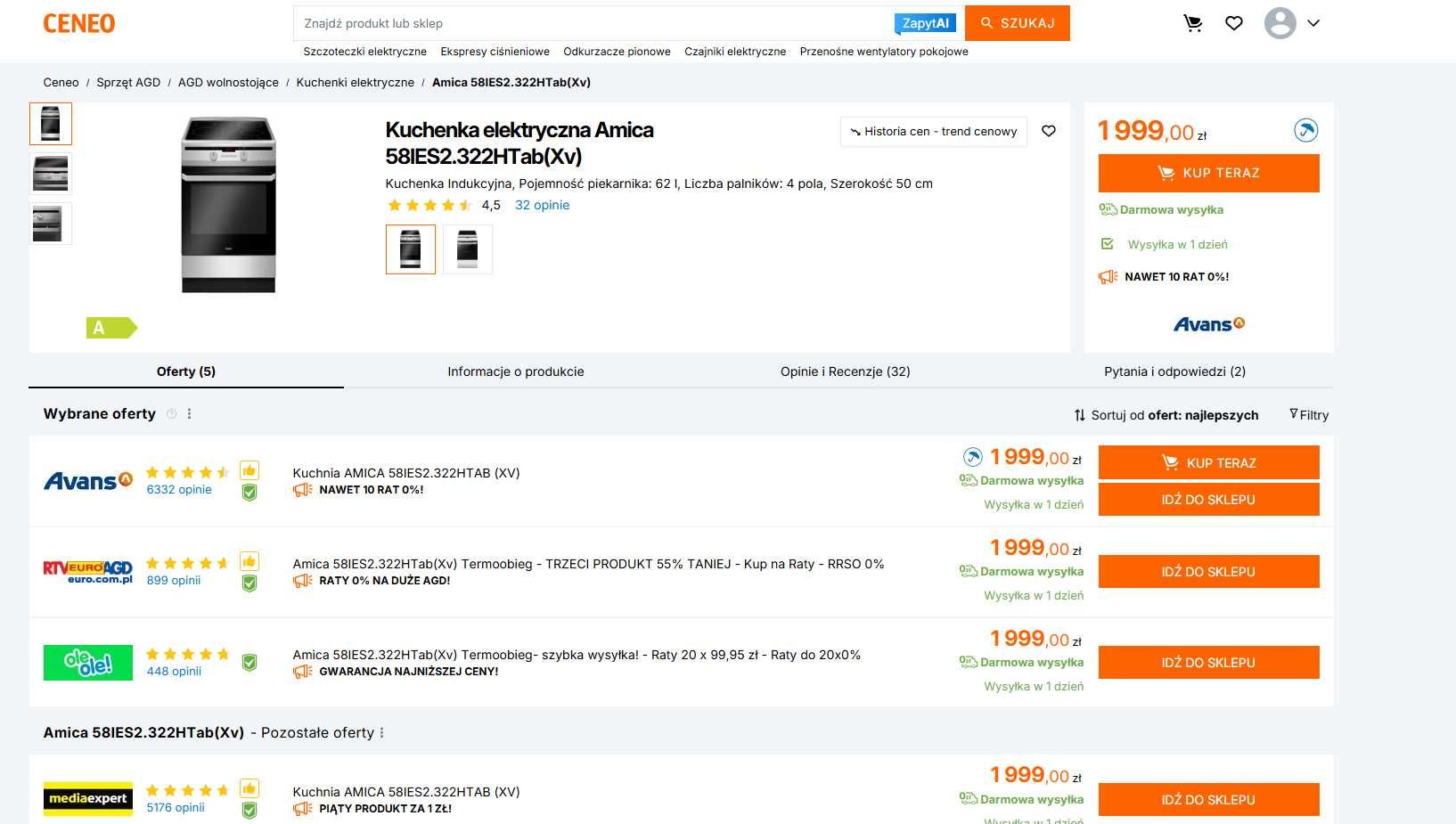Kuchenka indukcyjna Amica 58IES2.322HTab(Xv) | 62L | gw.3mce
