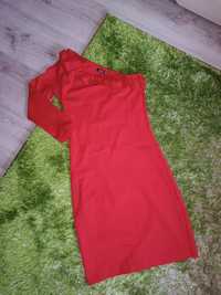 Czerwona sukienka mini z falbanką sinsay XS jedno ramię bez rękawów