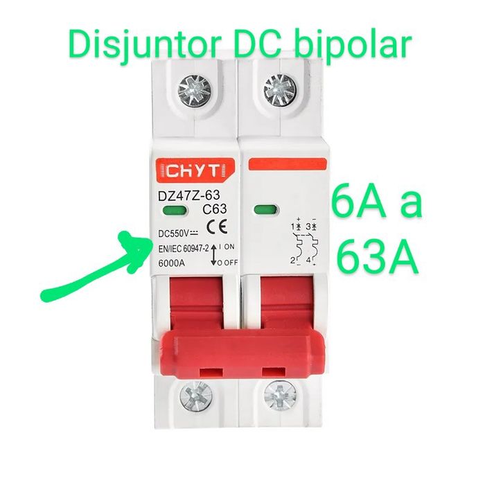 Disjuntor DC Solar Bateria Proteção Fotovoltaica CC 6A a 300A dijuntor