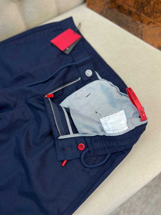 Мужские льняные брюки Kiton классические синие штаны Китон d070