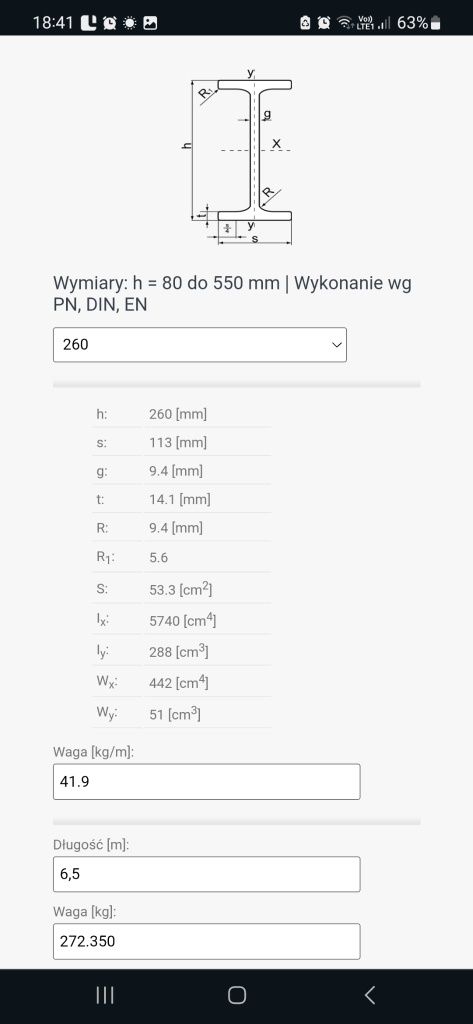 Dwuteownik 260mm dł 6.50m