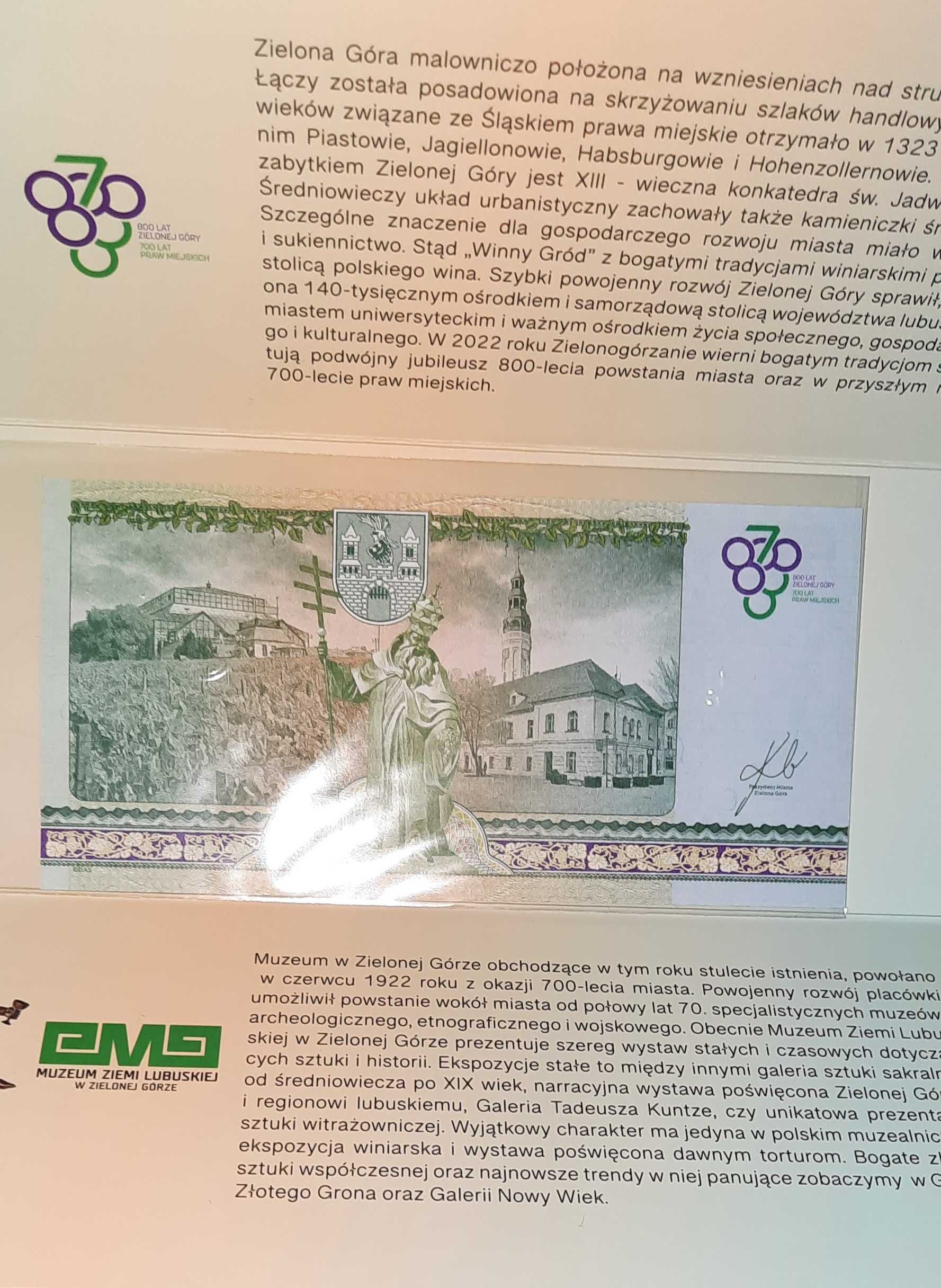 Banknot kolekcionerski 100 lat muzeum w Zielonej Górze UNC