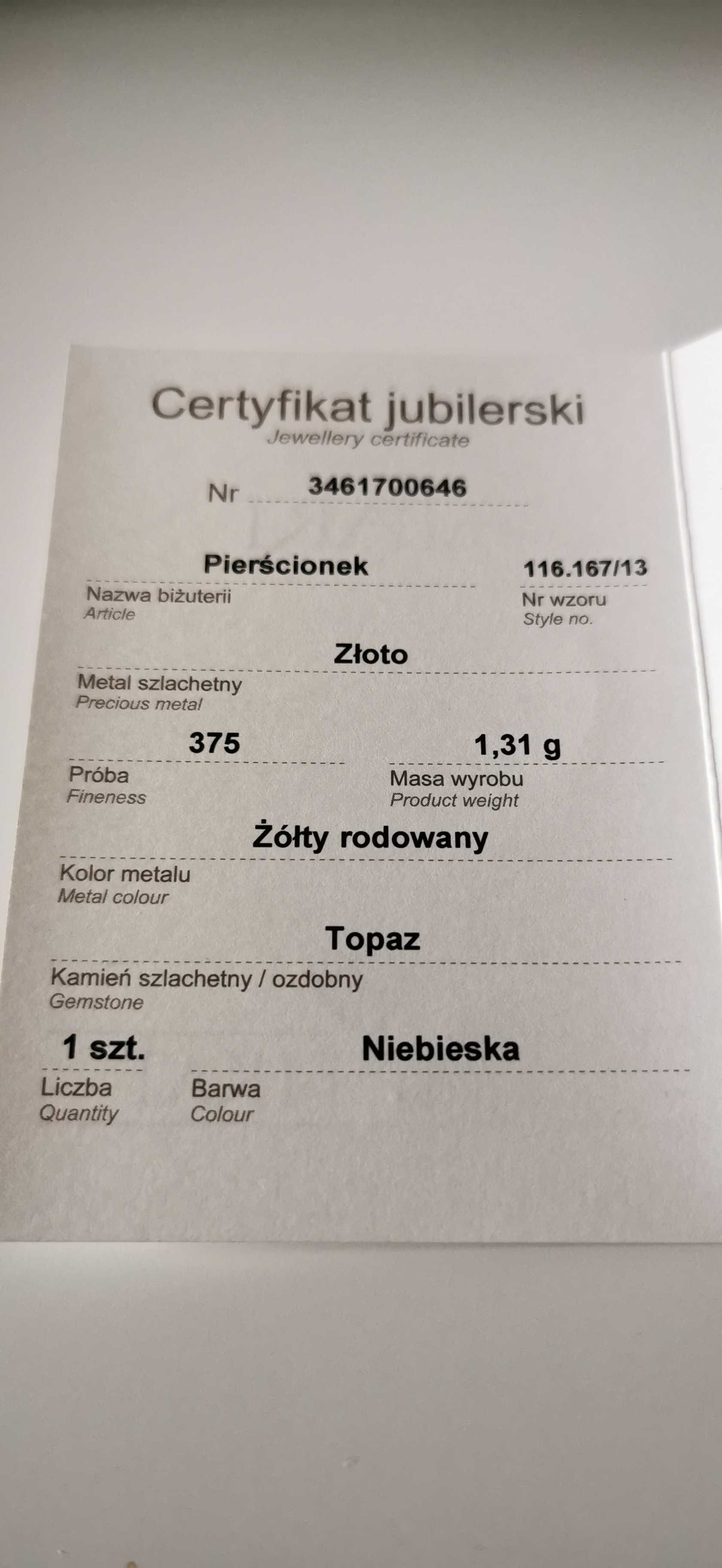 Złoty pierścionek zaręczynowy z topazem, Apart, rozm. 13