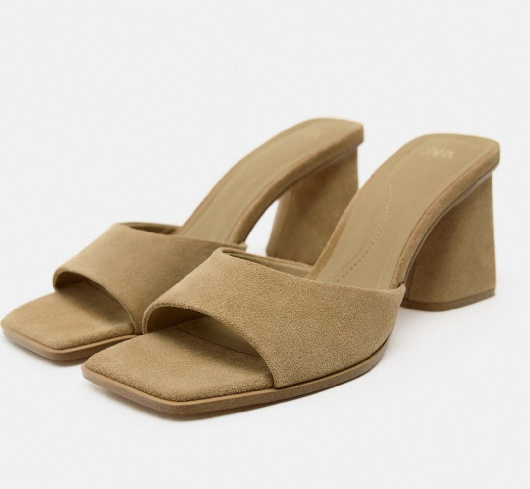 Zara klapki mule skóra naturalna beż camel r38