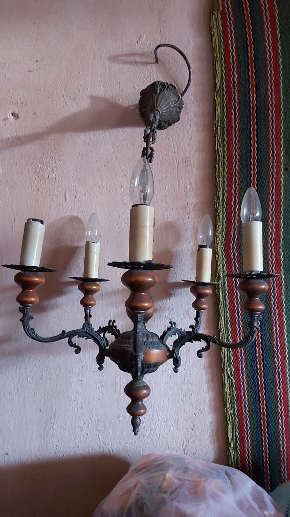 Żyrandol prl 5 ramienny i klinkiet drewniano metalowy, lampa wisząca