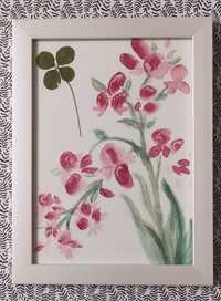 Obrazek z kwiatami akwarele, czterolistna koniczyna, walentynki