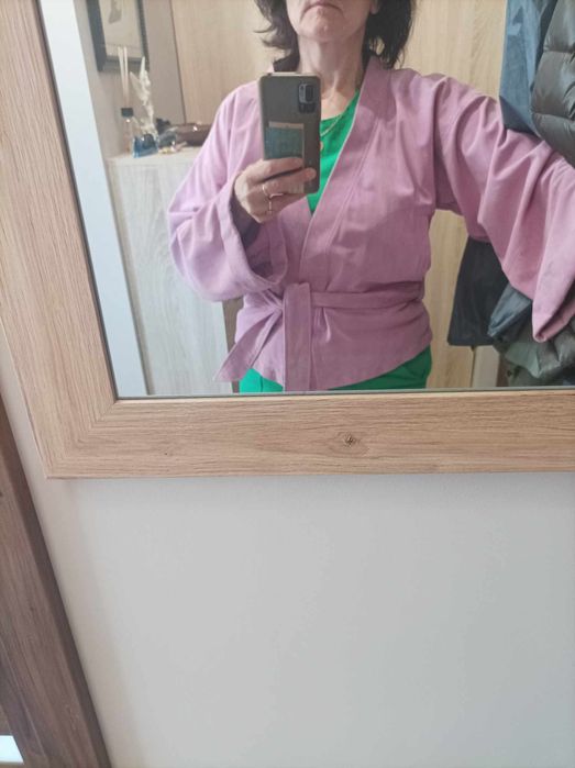 Różowa kurtka skórzana zamszowa damska M