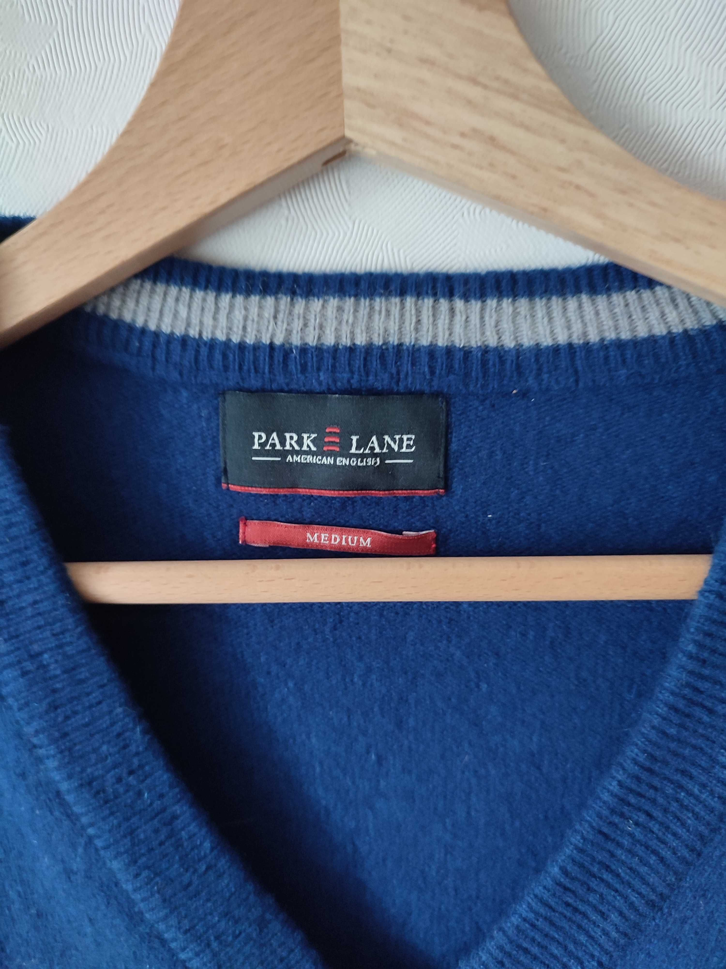 Męski sweter Park Line M w serek niebieski wełniany długi rękaw