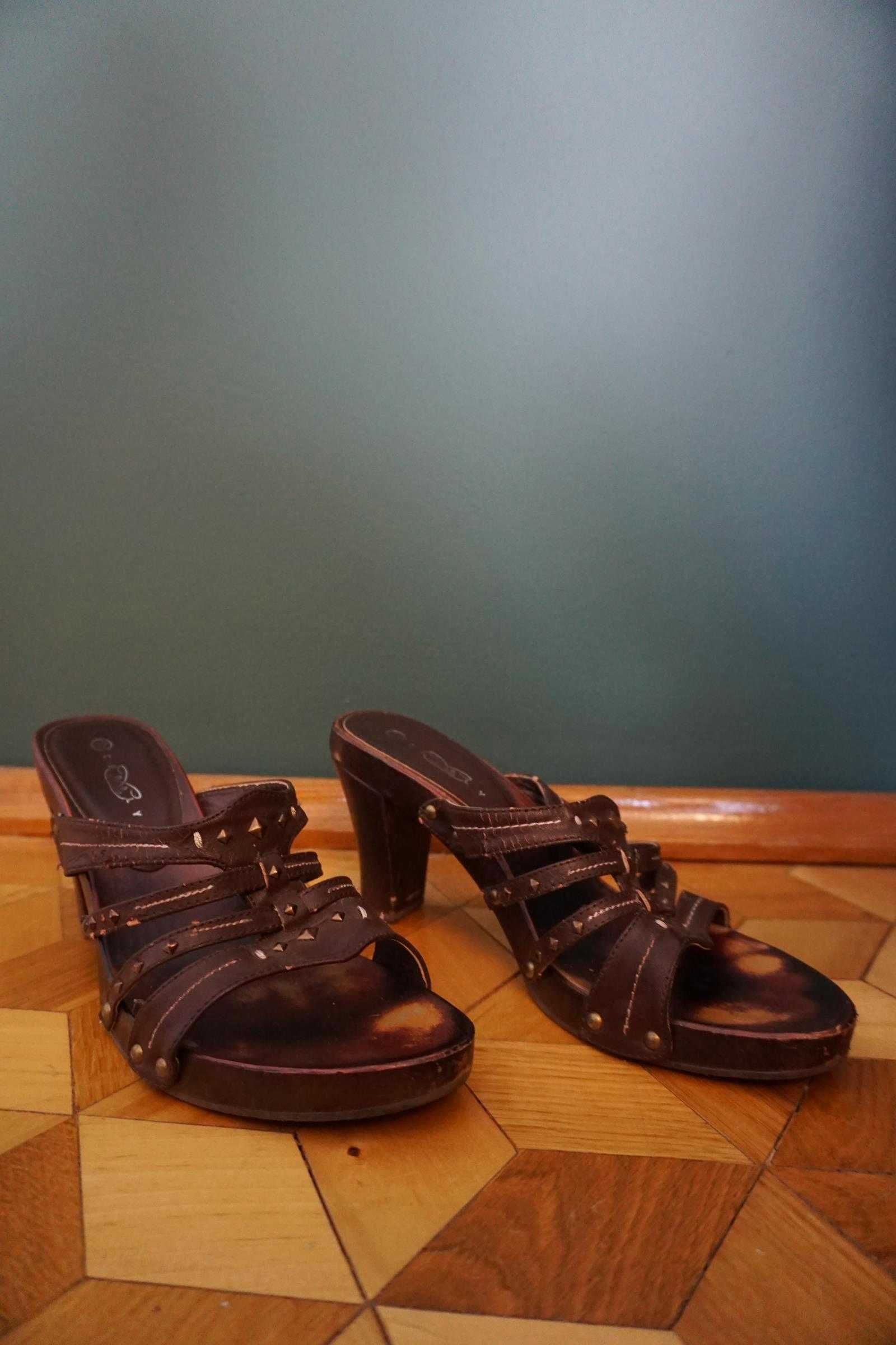 Buty klapki sandały 40 skórzane na obcasie klocku grubym skóra brązowe
