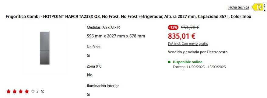 Frigorífico COMBINADO,  independiente Hotpoint: Libre de hielo.