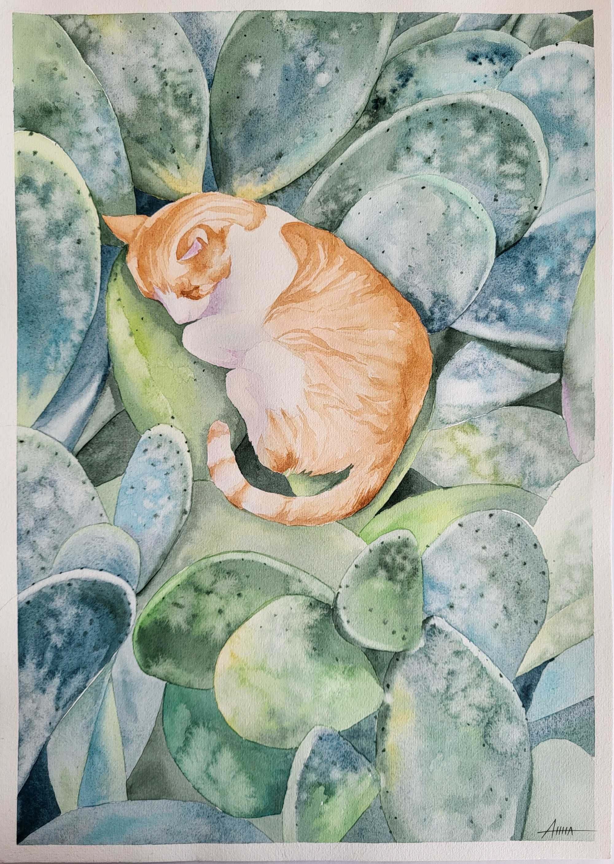 Obraz akwarelowy "Kot w Kaktusach"