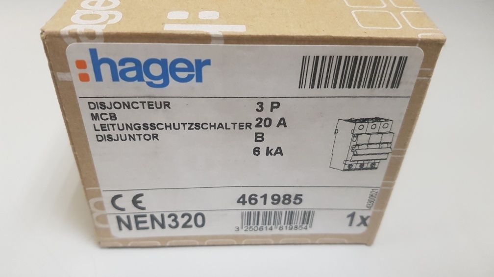 Disjuntor hager 3P 20A B 6/10kA 3M Novo.