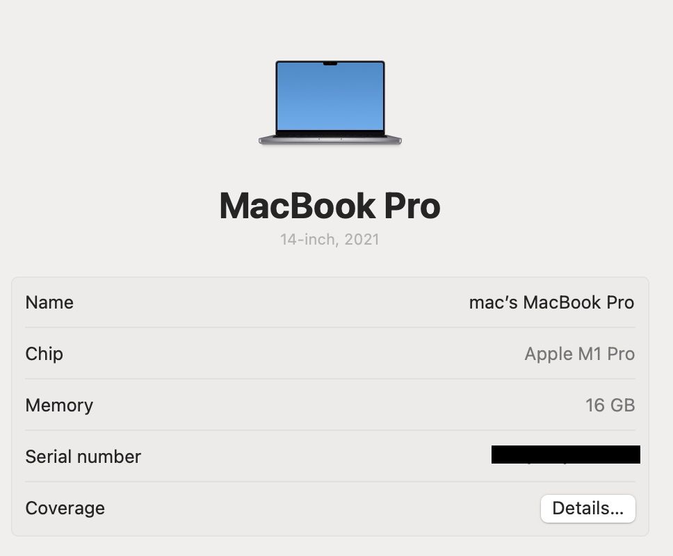 MacBook Pro 14’ 2021 M1 Pro 16GB 512GB Space 86%