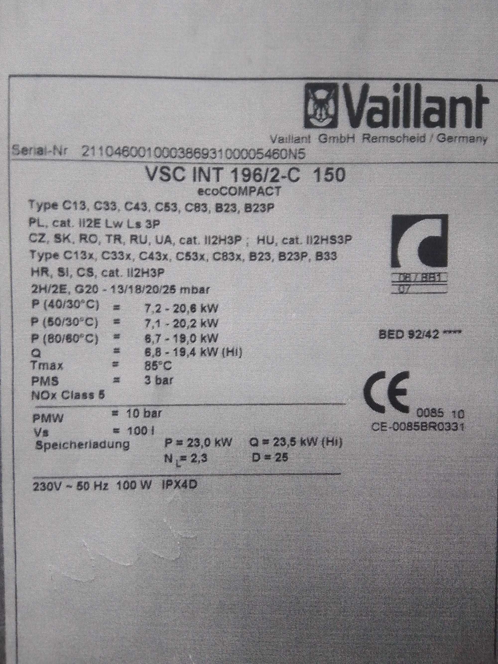 Sprzedam piec gazowy Vaillant VSC INT 196/2-C 150 z osprzętem