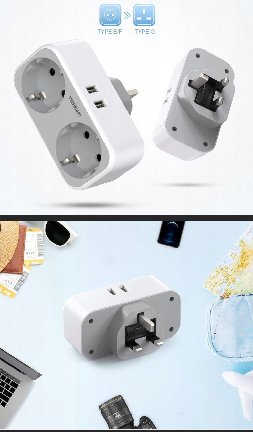 Adapter podróżny przejściówka wtyczka UK do EU plus 2 gniazda USB