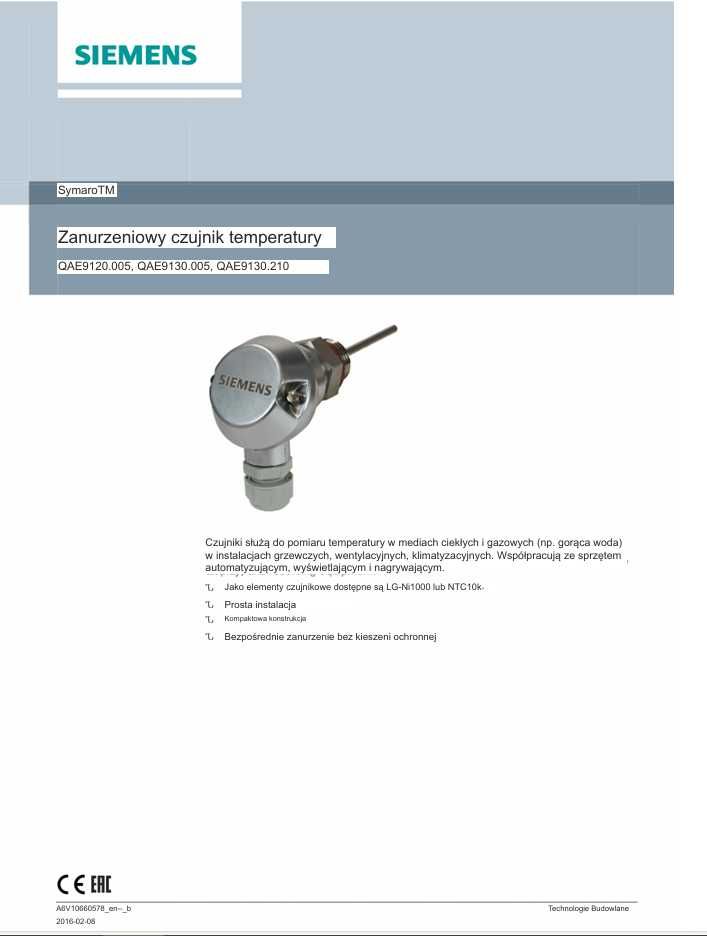 145 Zanurzeniowych Czujników Temperatury SIEMENS QAE9120.005
