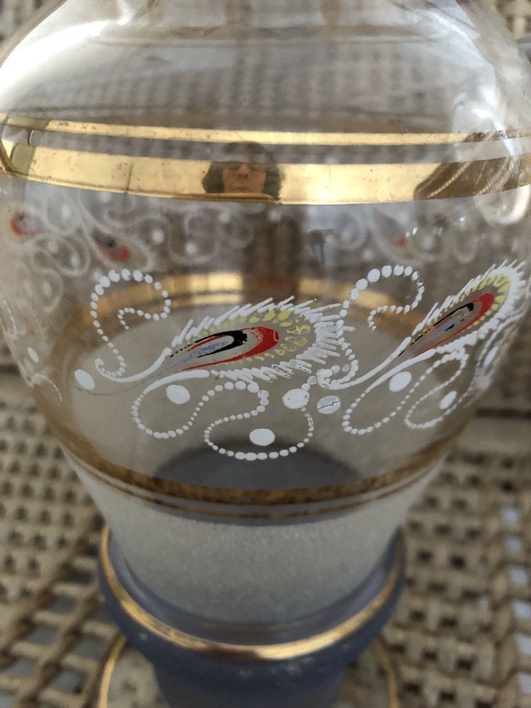 Jarro e copos em vidro pintado à mão - anos 50/60