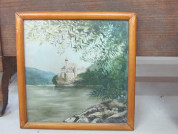 Stary obraz olejny na płycie, zamek nad jeziorem, pejzaż, sygnowany