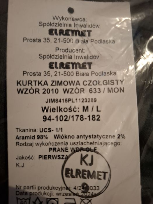 Kurtka robocza roz. M/L - kurtka zimowa czołgisty wz 2010 i 633/MON