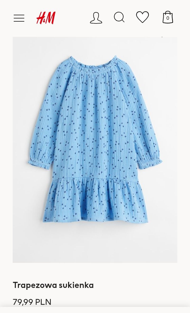 H&M 8-9lat muślinowa naturalna niebieska sukienka trapezowa