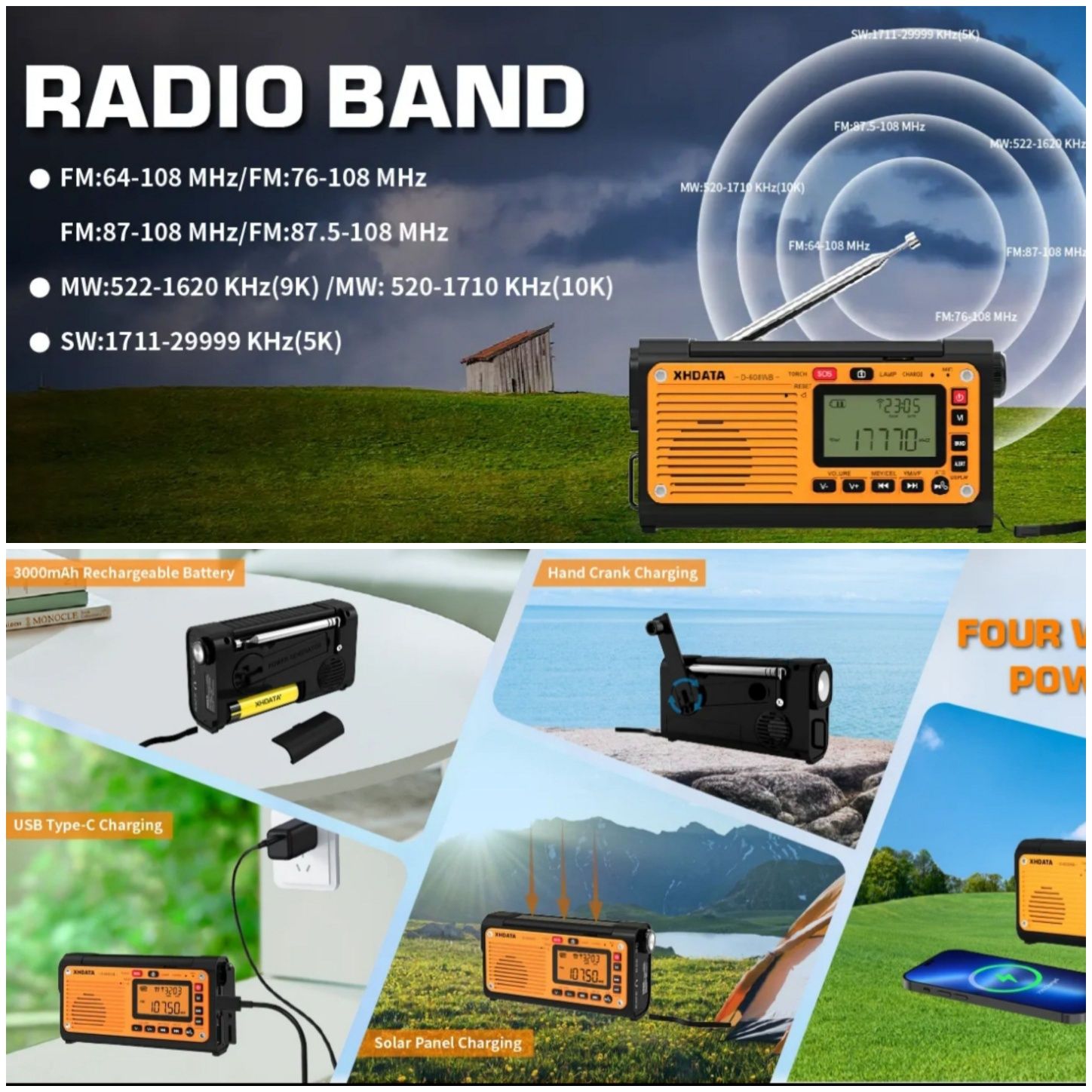 Xhdata D-608WB радиоприемник,fm,mw,sw, Bluetooth,18650, фонарь,ген-тор