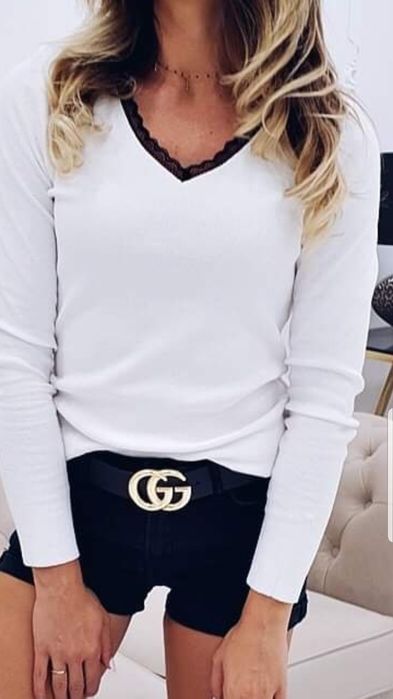 Bluzka prążek bawełna biała koronka Nowa