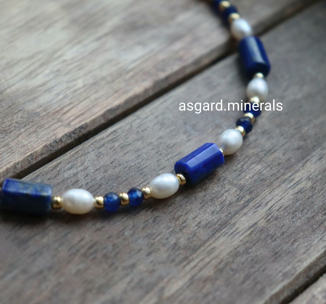 Naszyjnik amulet harmonii perły naturalne lapis lazuli jadeit srebro